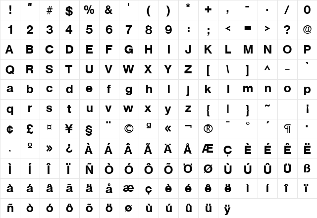 Basic Sans SF Bold  glyph index