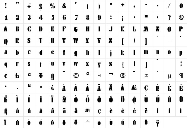 DekoBlackCond-Serial Regular  glyph index