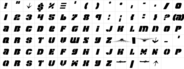 Space Cruiser Italic  glyph index