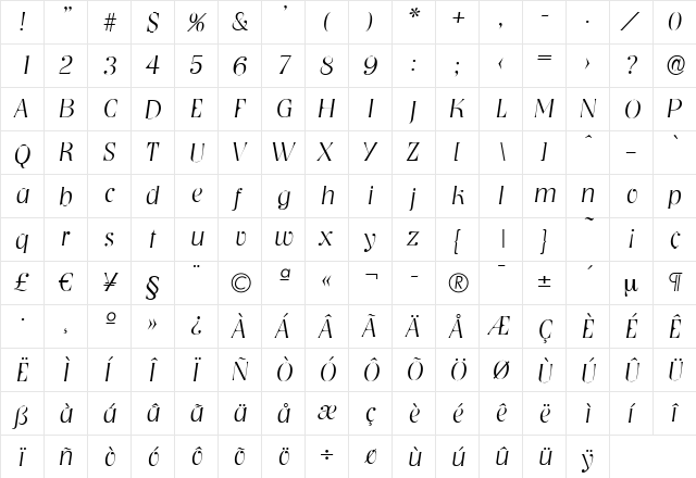 BobBecker-ExtraLight Italic  glyph index