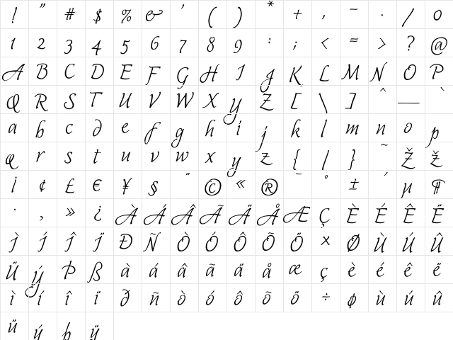 Harmonica Regular  glyph index