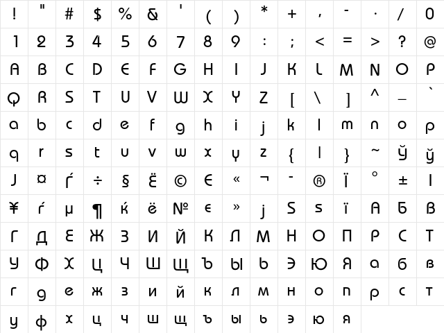 BauhausC Regular  glyph index