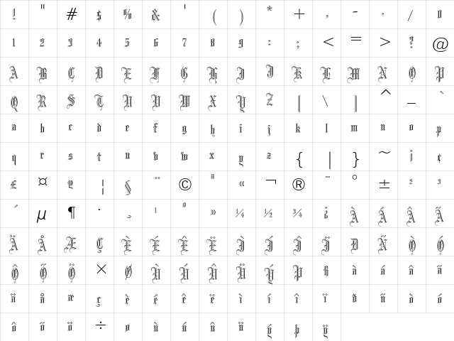 Blackletter 686 Regular  glyph index