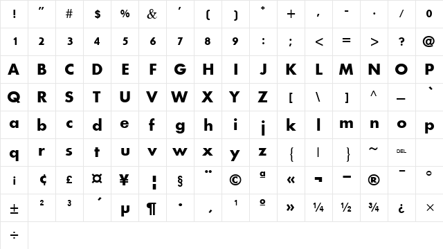 Aharoni Bold  glyph index