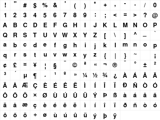 HeaveneticaSH Bold  glyph index