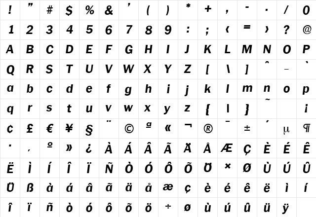 PlymouthSerial-Xbold Italic  glyph index