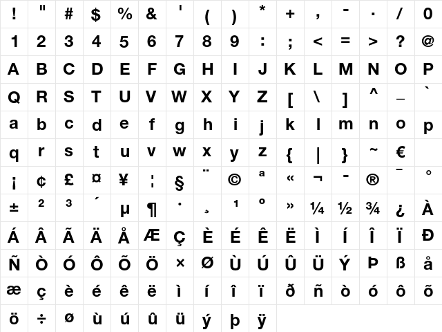 Helvetica Neue LT Pro 75 Bold  glyph index