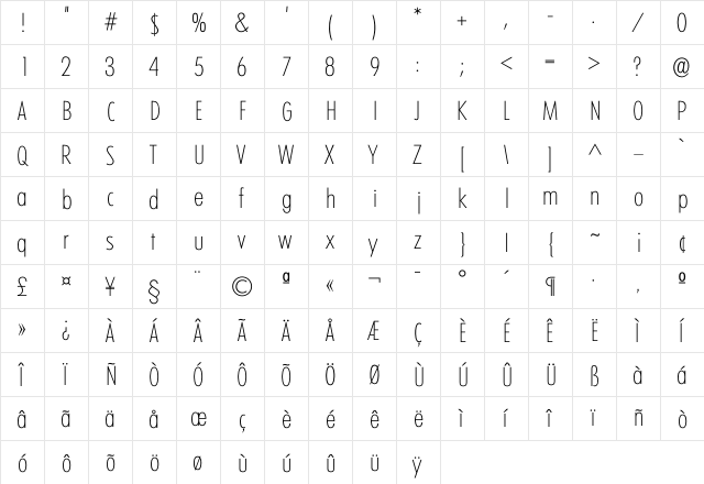 Climerick Xlight  glyph index