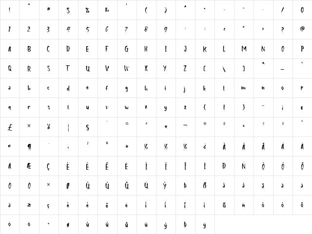 Barossa Brush Regular  glyph index
