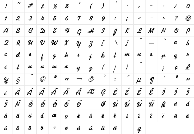 Kaufmann Script Bold Regular  glyph index