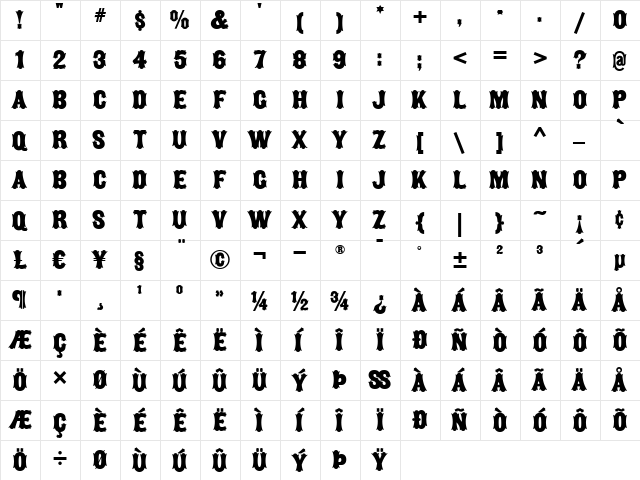 Gullywasher WBW Regular  glyph index