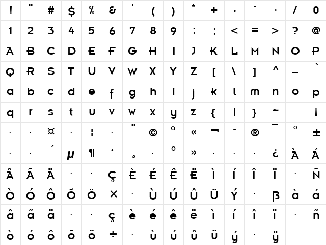Ensign Regular  glyph index