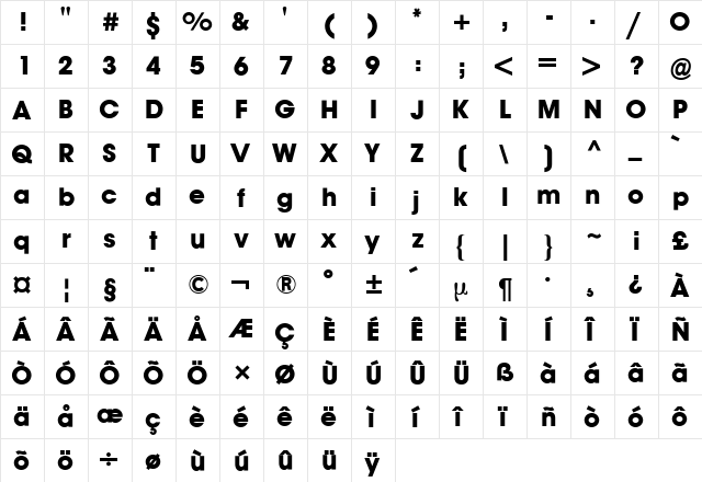 Avant Garde BQ Bold  glyph index