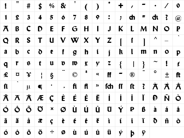 Wallau Unzial Bold  glyph index