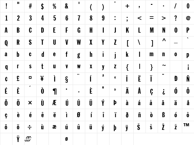 FranklinGothicExtraCondSSK Regular  glyph index