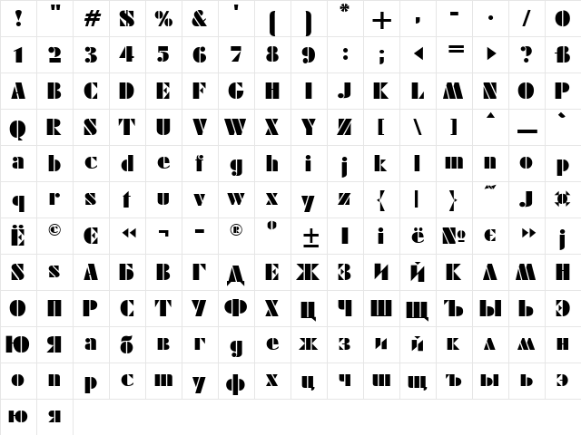 Futura Eugene Regular  glyph index