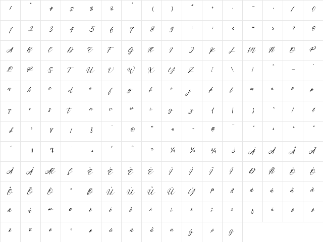 Rayanne Regular  glyph index