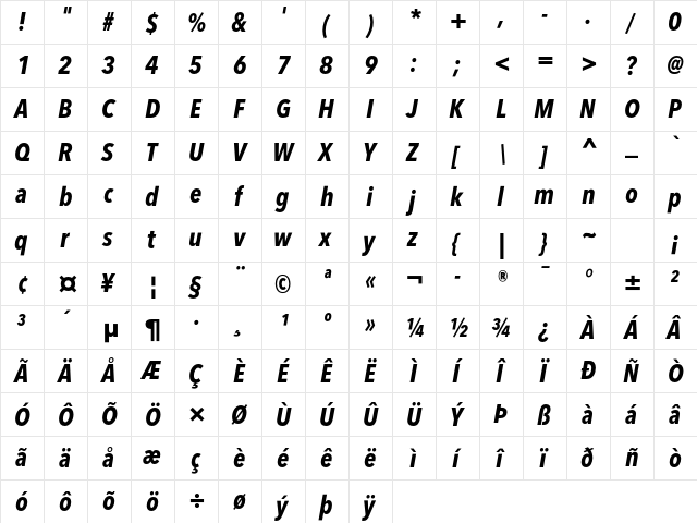 Avenir Next LT Pro Bold Condensed Italic  glyph index