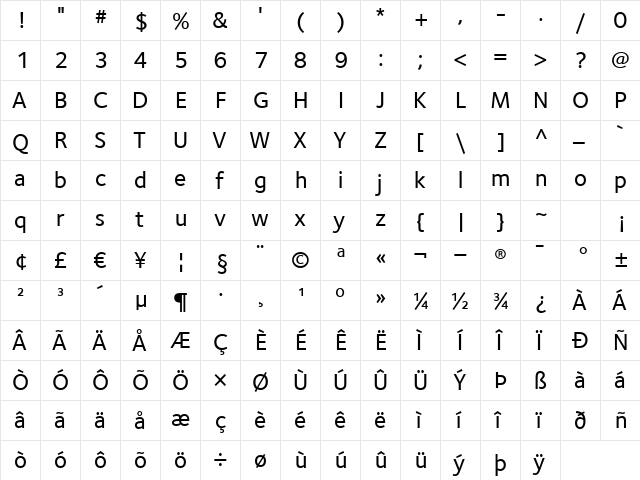 FoundrySterling-Medium Regular  glyph index
