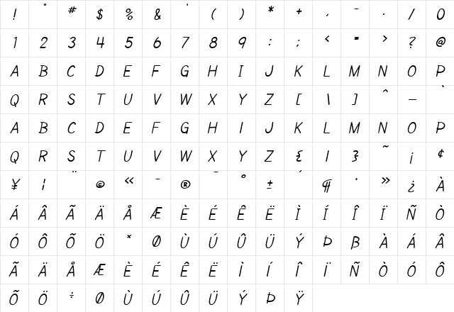 SF Cartoonist Hand SC Italic  glyph index