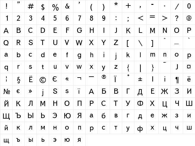 Bookvar Regular  glyph index