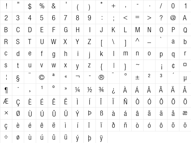 Helvetica Neue LT Std 47 Light Condensed  glyph index