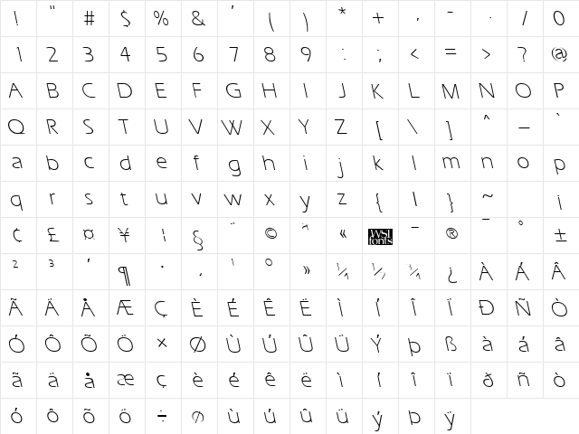 ErgoeLightBS Regular  glyph index