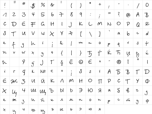 BetinaScriptCTT Regular  glyph index