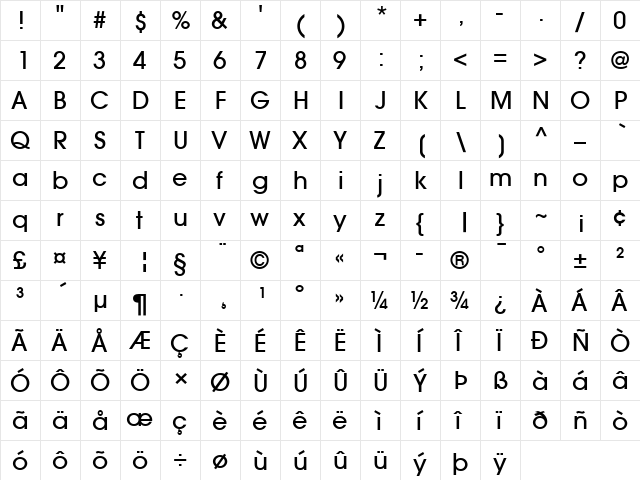 AvantGarde LT Medium Regular  glyph index