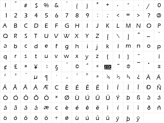 ErgoeMild Regular  glyph index
