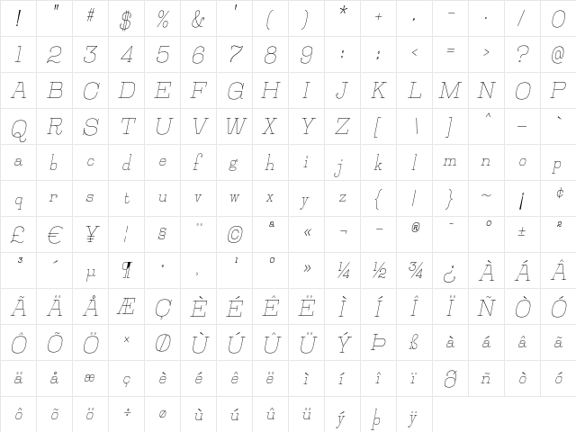 Jillsville Italic  glyph index