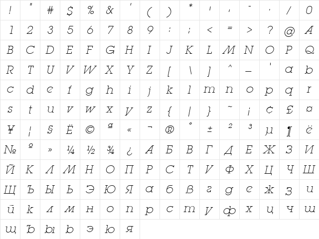 LugaExtraAd ExtraLight Oblique  glyph index