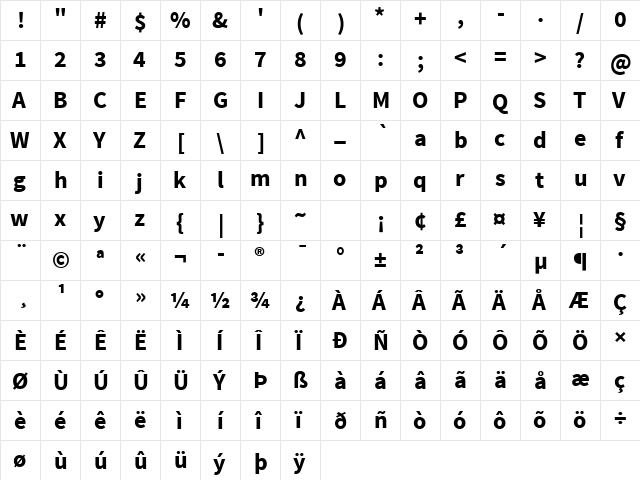 Source Sans Pro Bold  glyph index