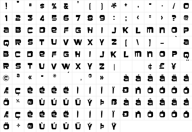 Baveuse Regular  glyph index