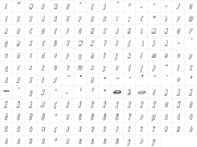 Captain Canaveral 3D Italic Italic  glyph index