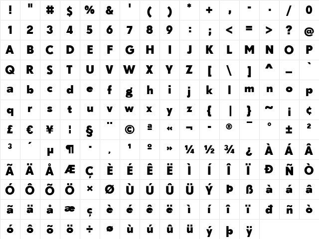 SuperGroteskB Regular  glyph index