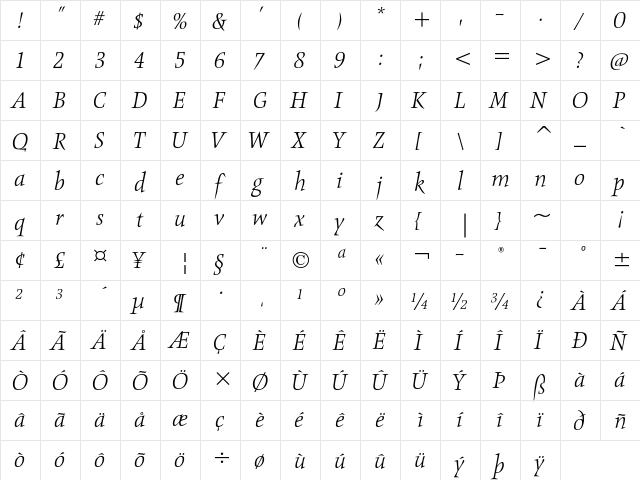 Obelisk ITC Std Light Italic  glyph index