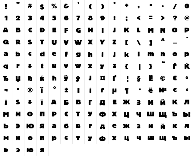 BlocHeavyC Regular  glyph index