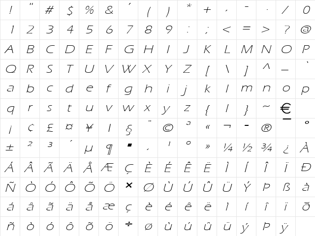EricLiteExtended Italic  glyph index
