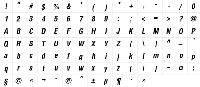 AGLettericaCondensedC Bold Italic  glyph index