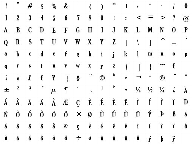 Cheltenhm BdCn BT Bold  glyph index