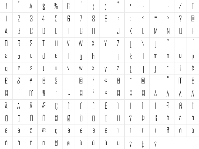 AgencyFBLight Regular  glyph index