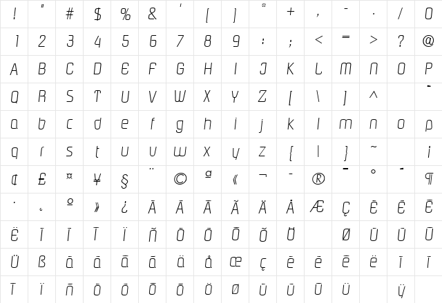 PasadenaL Italic  glyph index
