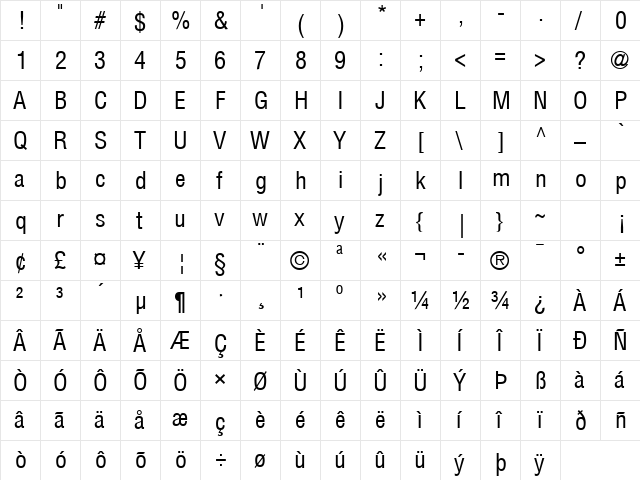 Helvetica Condensed Regular  glyph index