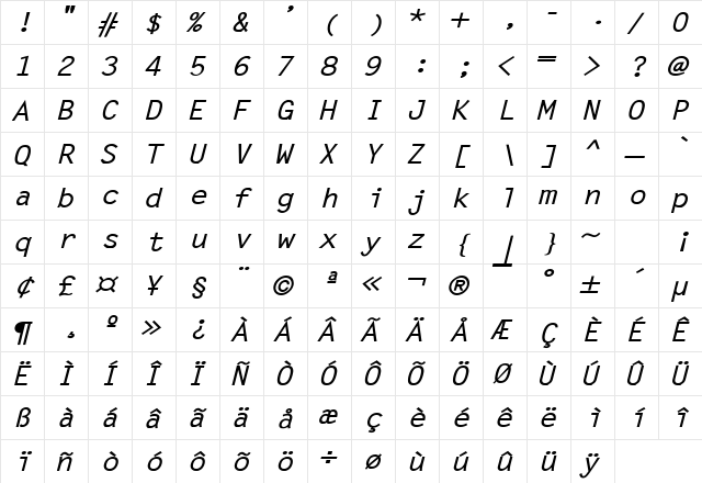 Lechter Wide Bold Italic  glyph index