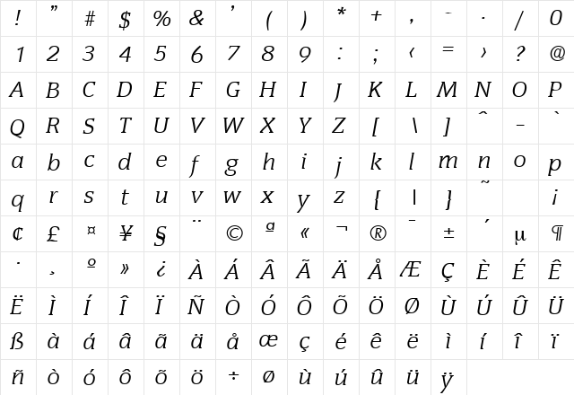 Congress-Serial RegularItalic  glyph index