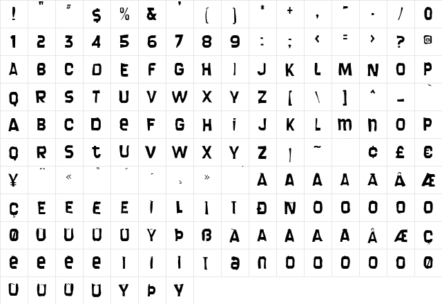 Screengem Gaunt Regular  glyph index