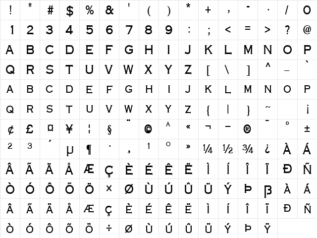 Engraver-Condensed Bold  glyph index