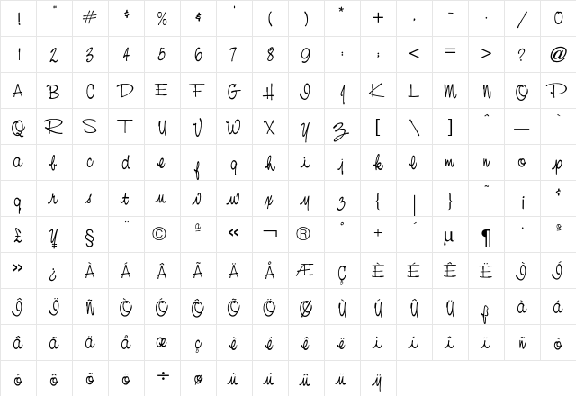 Nevison CasualScript  glyph index
