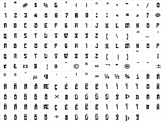 Kosher Wide Bold  glyph index